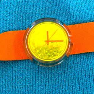 SWATCH feathers watch w/o feathers.Bright orange w/elastic band&plastic buckle.